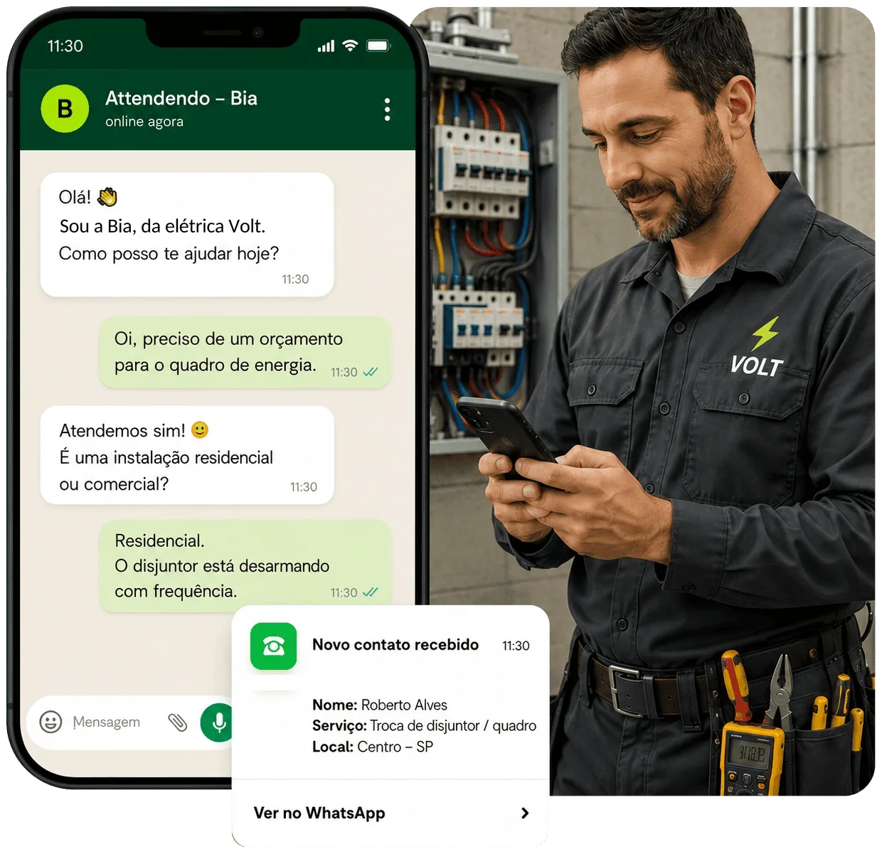 Exemplo do Attendendo para um eletricista, com conversa no WhatsApp e novo contato organizado
